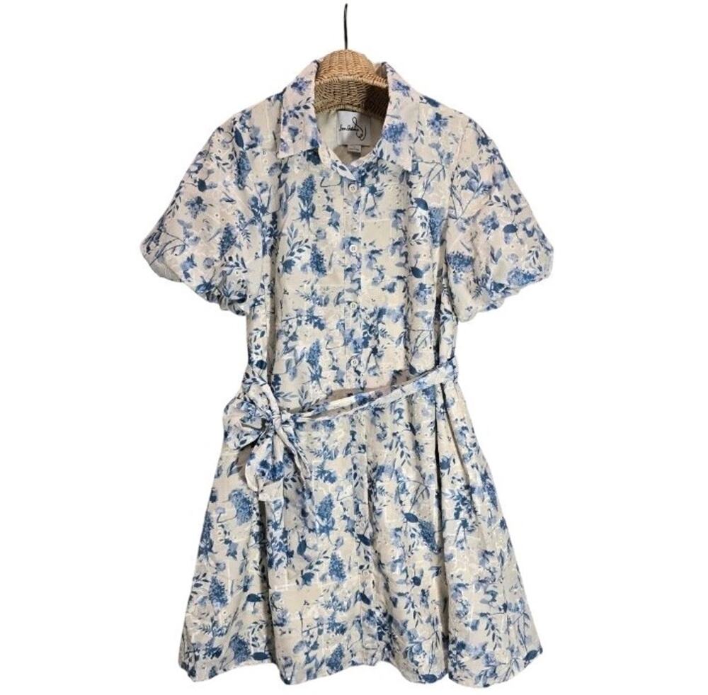 Sam Edelman Floral Embroidered Eyelet Puff Sleeve Mini Shirtdress Blue White 10